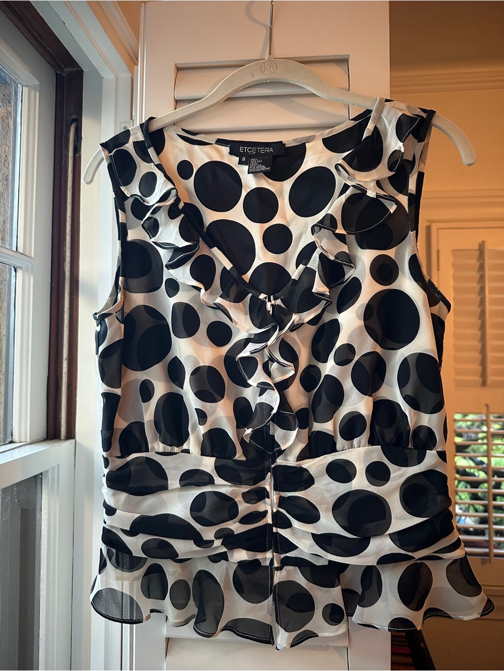 Etcetera Black & White Polka Dot Ruffle Sleeveless Top